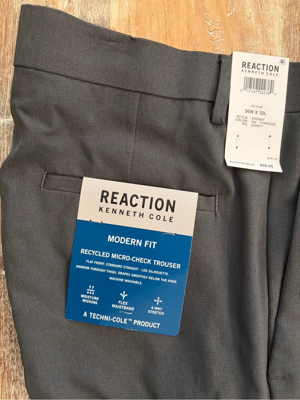 Kenneth Cole Reaction Modern Fit Dress Pants 36X32 Charcoal Stretch Trousers NWT - Picture 10 of 13